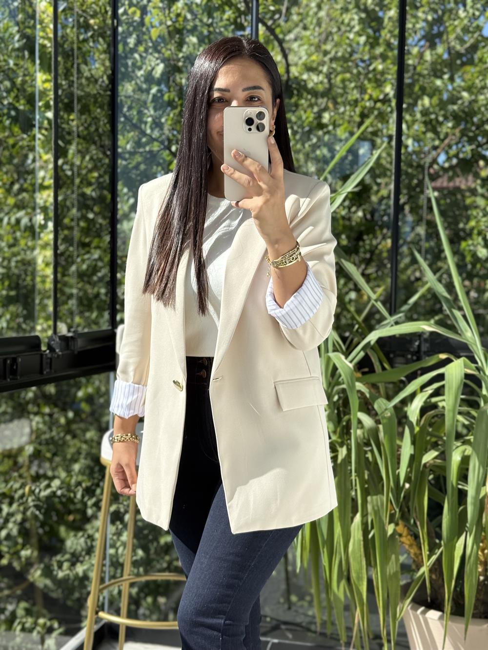 Kol Astarı Garnili Tek Düğme Blazer Ceket Taş