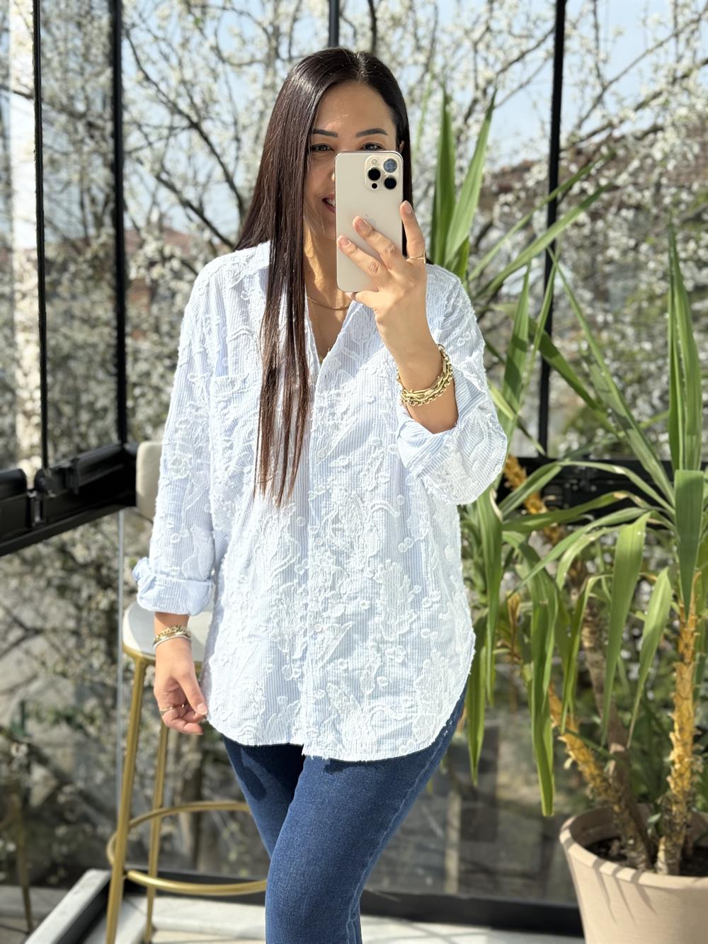 Kabartmalı Çizgili Pamuklu Gömlek Mavi