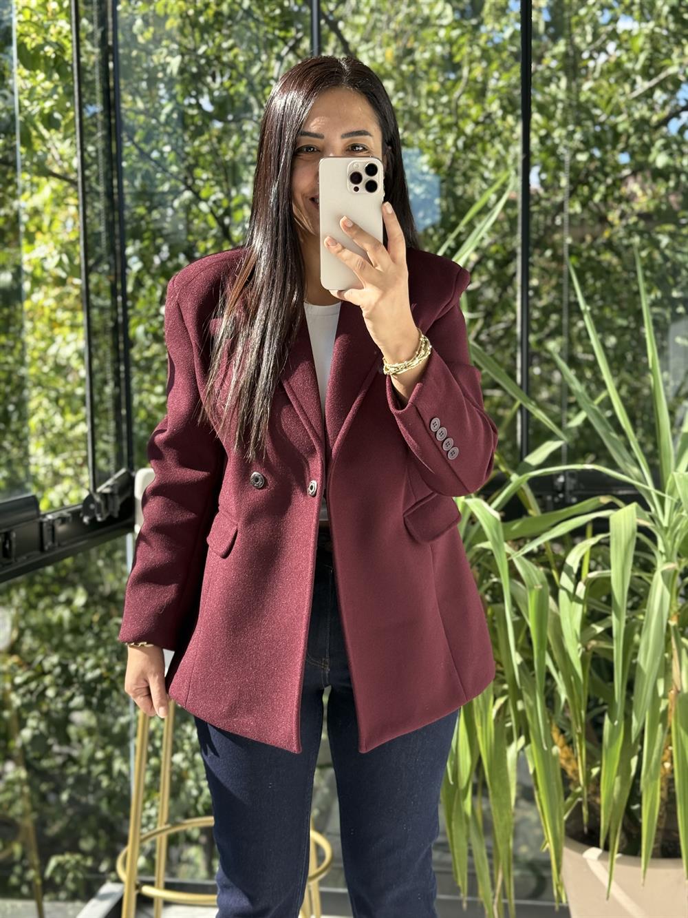 Kaşe Slim Blazer Ceket Bordo