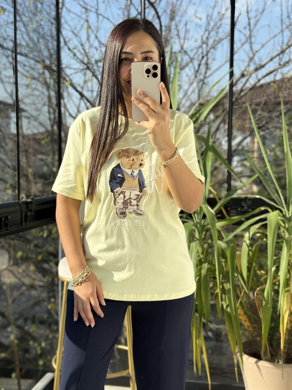 Newyork Yazılı İşlemeli Basic Tişört Sarı