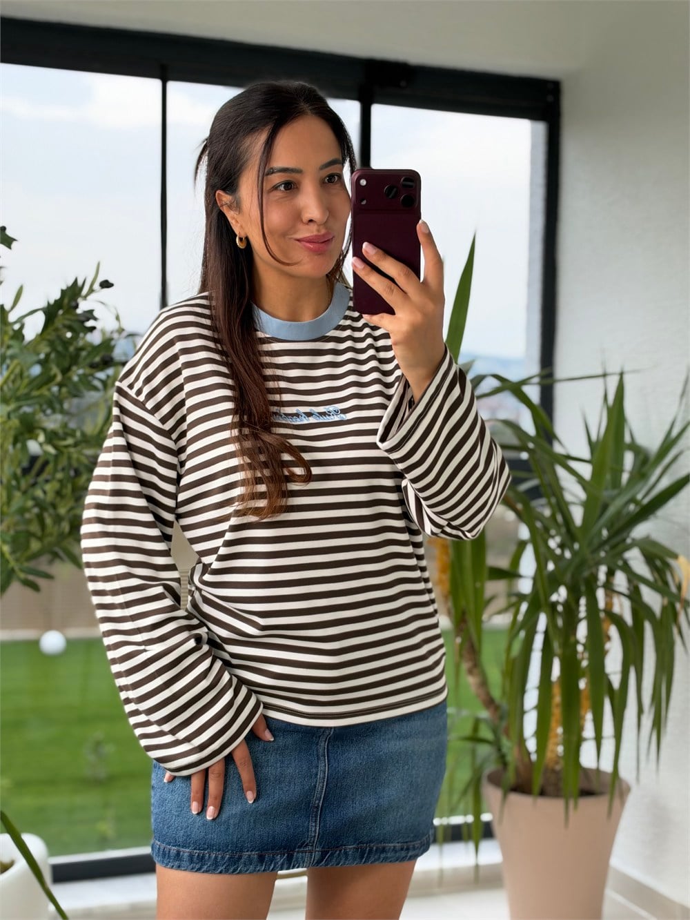 Biyeli Çizgili Sweatshirt Kahve