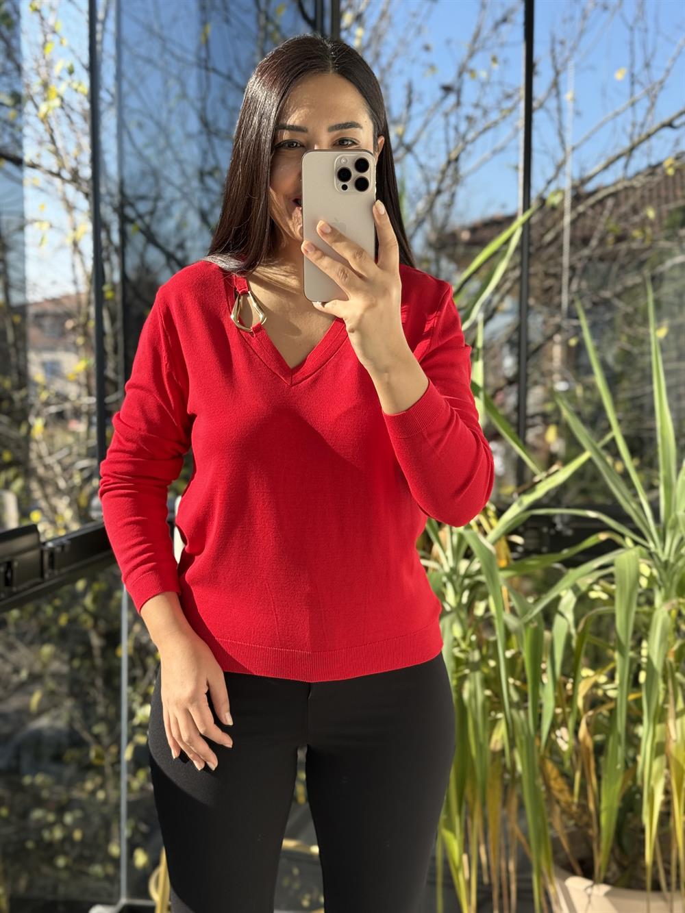 Aksesuar Yaka Detaylı Merserize Triko Kırmızı