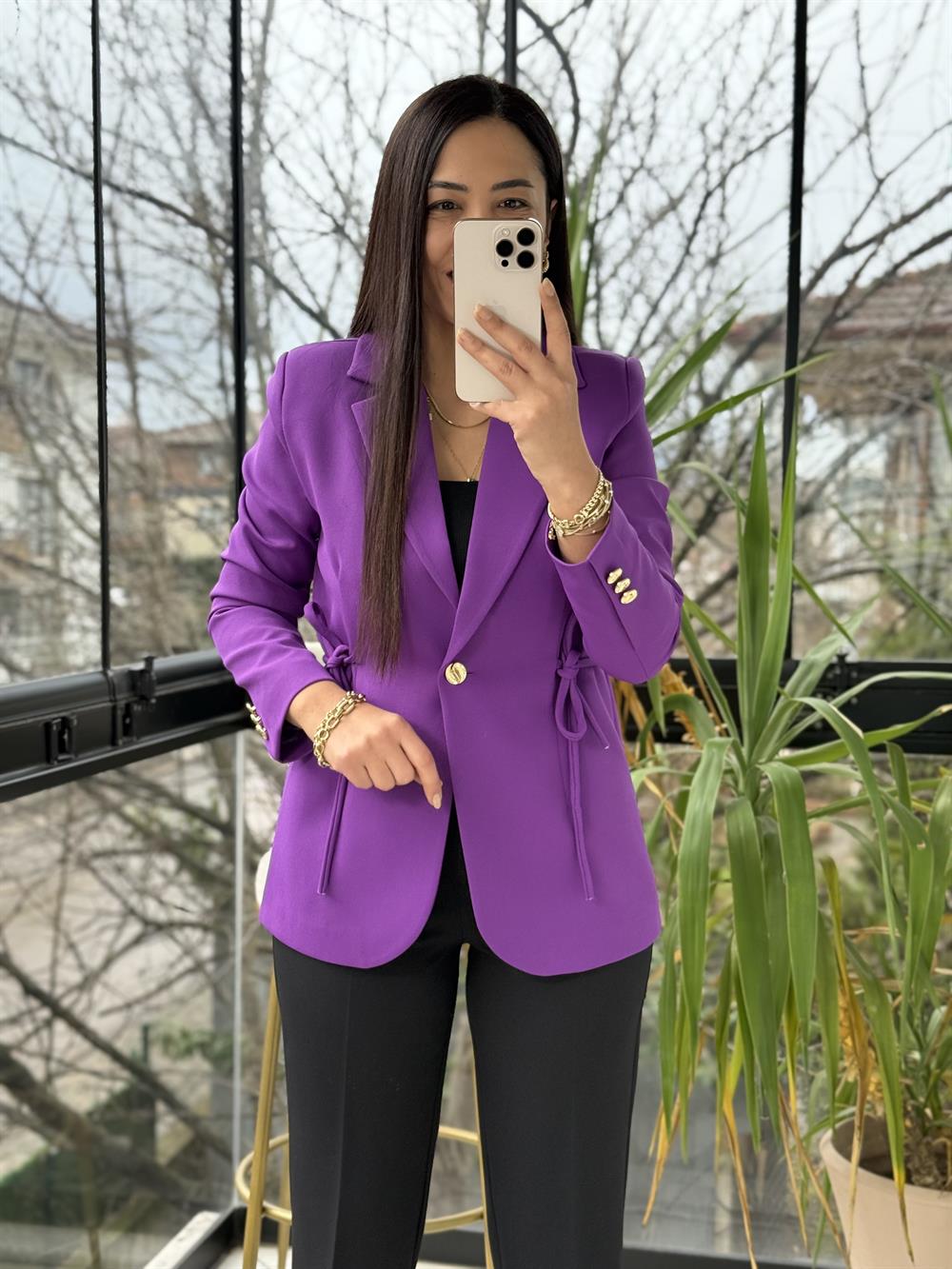 Yanı Bağcıklı Slim Blazer Ceket Mor
