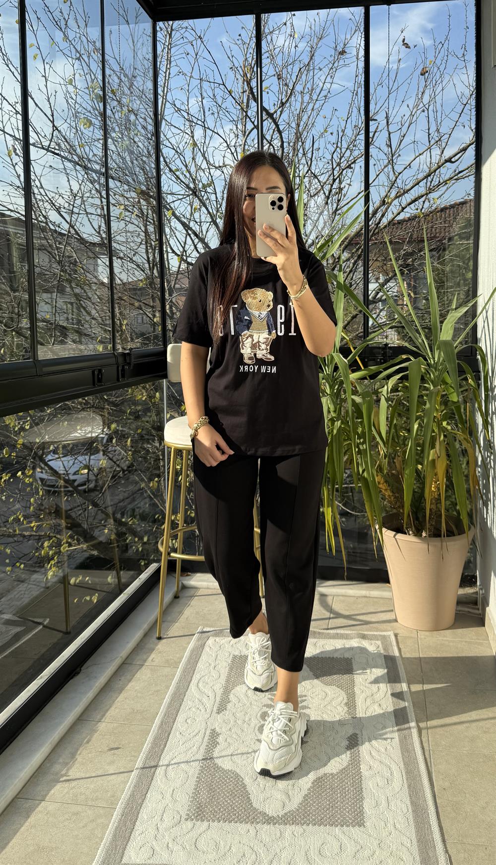 Newyork Yazılı İşlemeli Basic Tişört Siyah