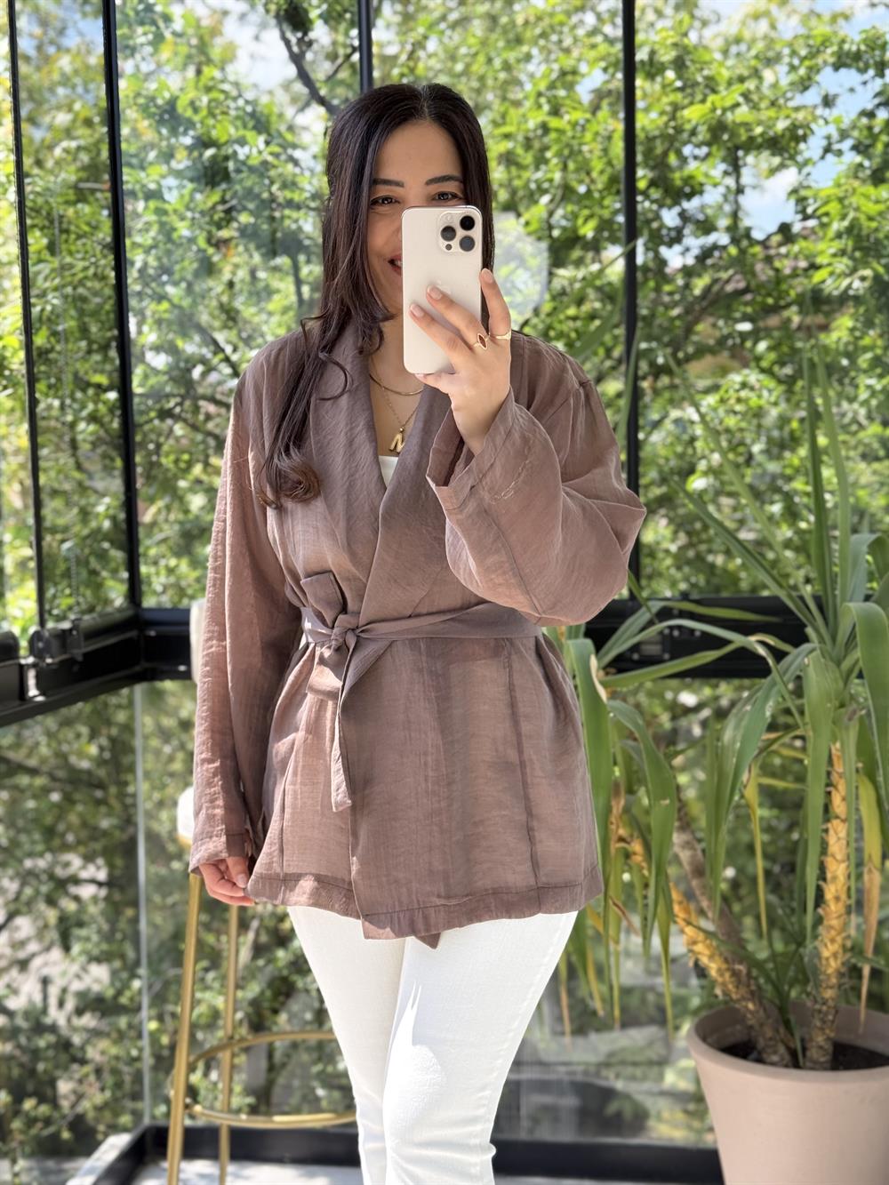 Kruvaze Yaka Bağlamalı Kimono Kahve