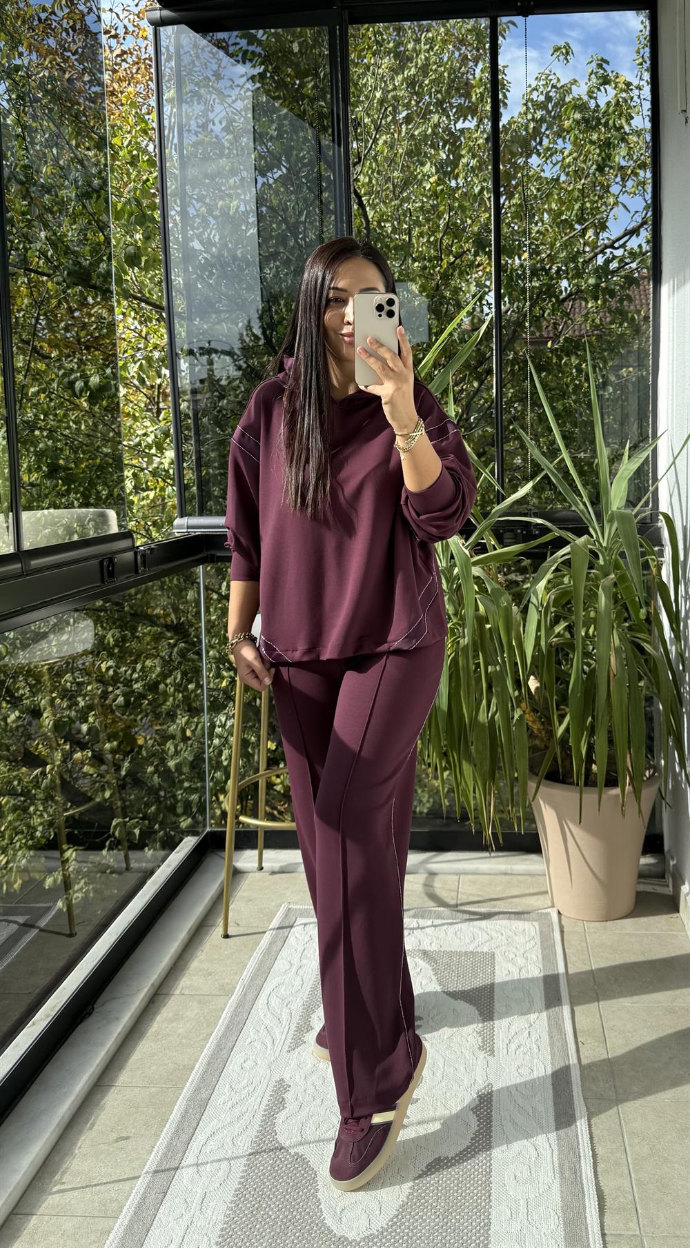 Taşlı Şeritli Takım Mürdüm