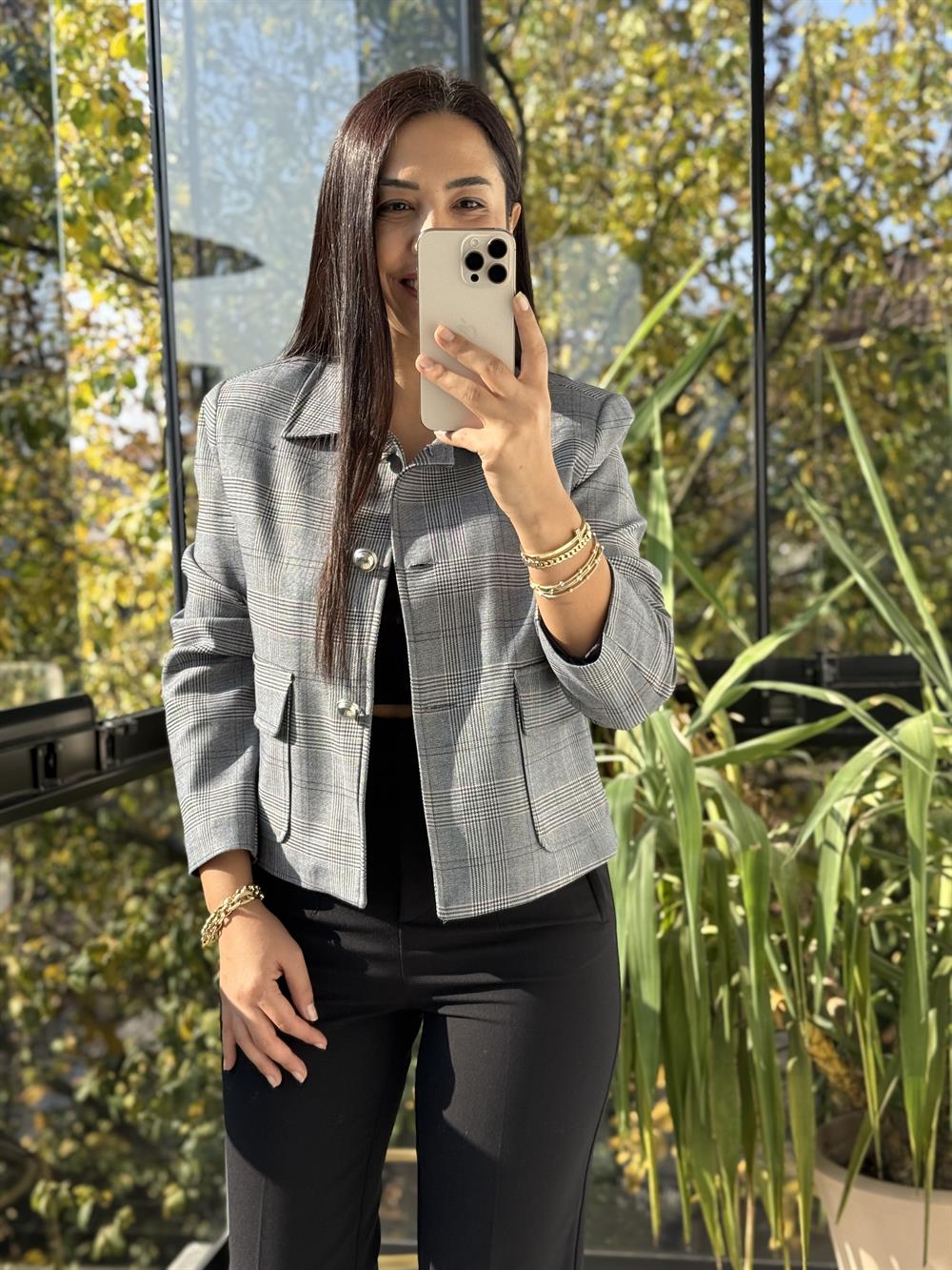 Ekose Top Düğme Crop Ceket Lacivert