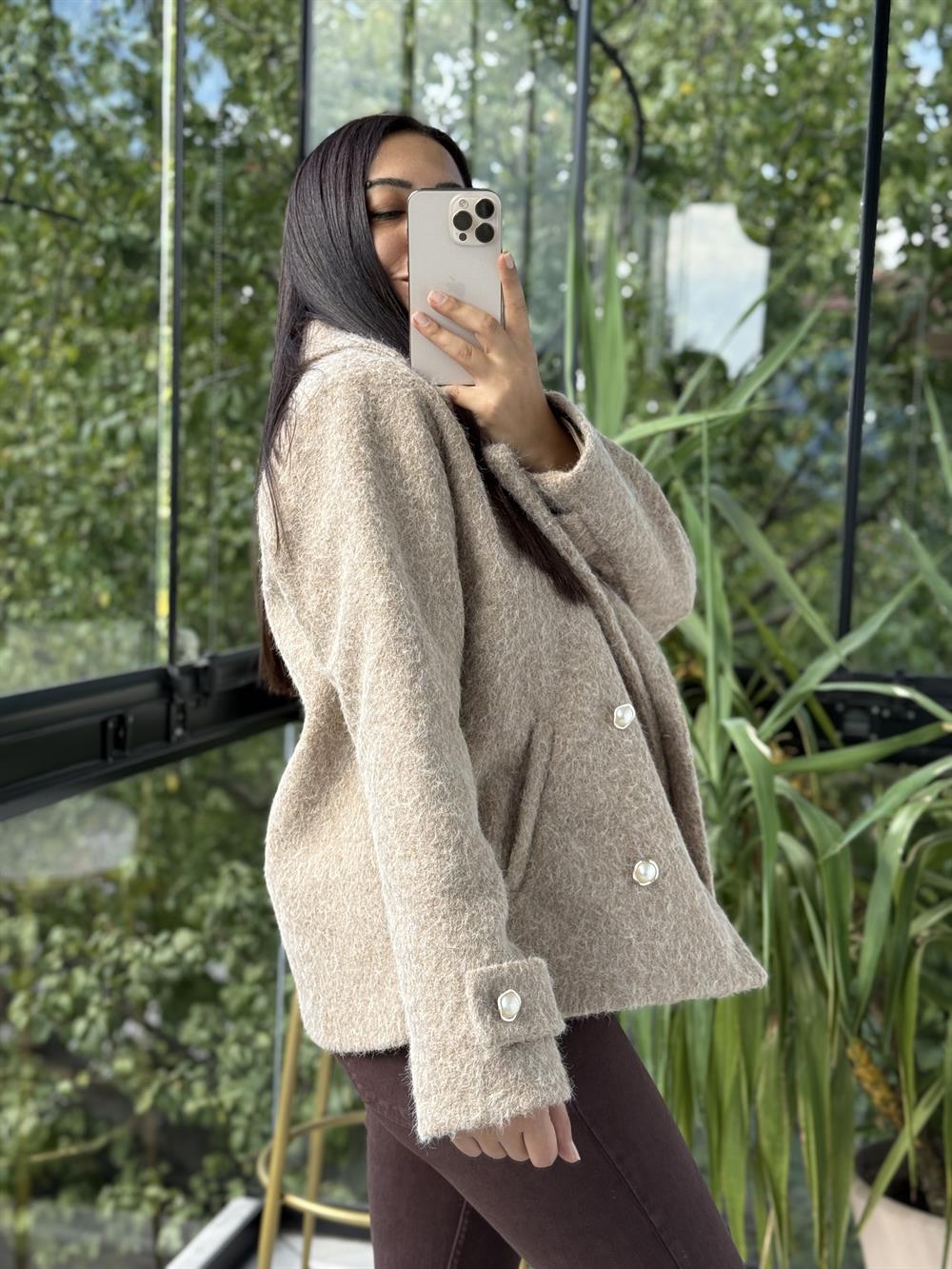 Gold Düğmeli Yün Kaban Ceket Bisküvi Kahvesi