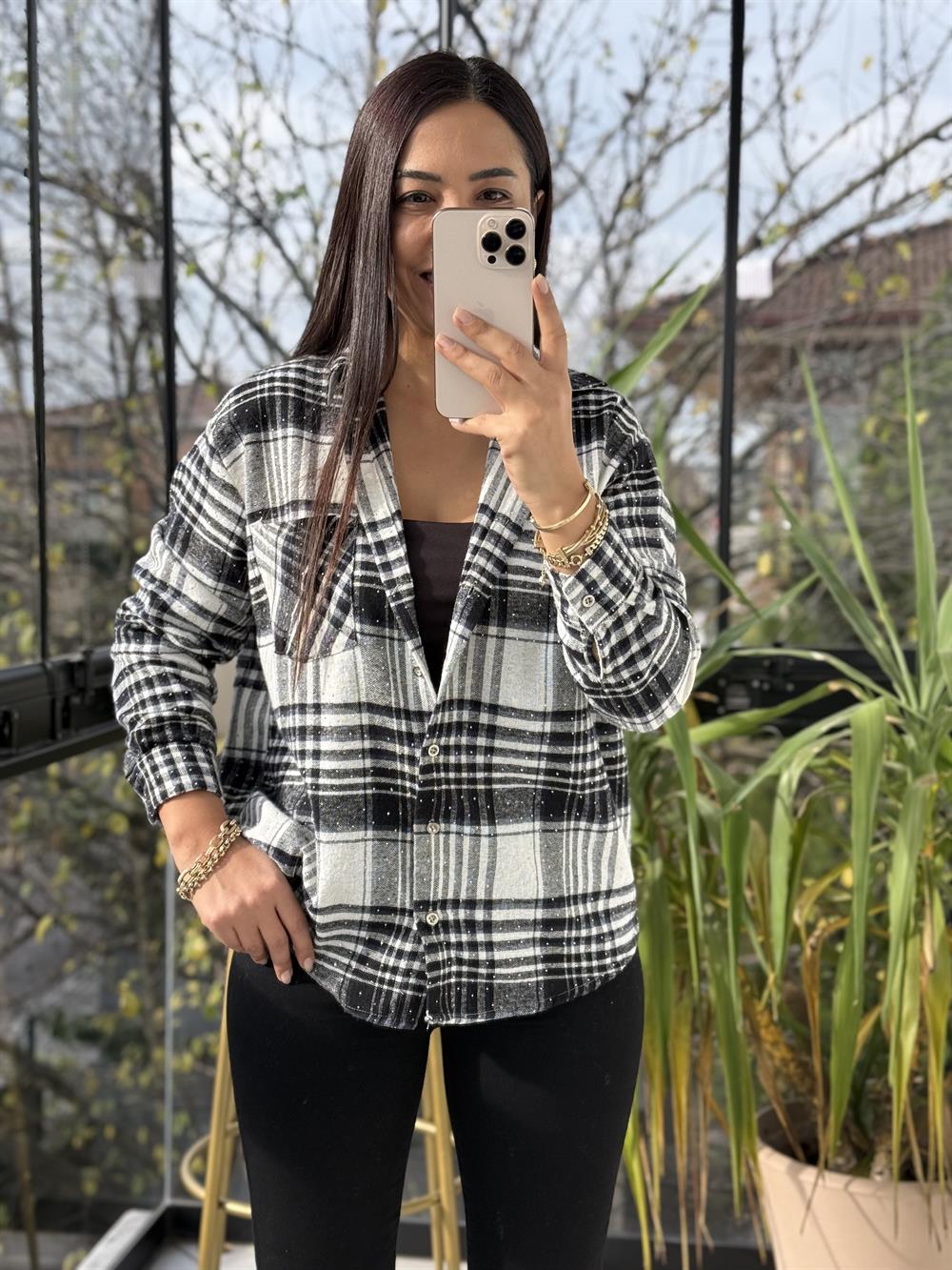 Taşlı Ekose Gömlek Siyah