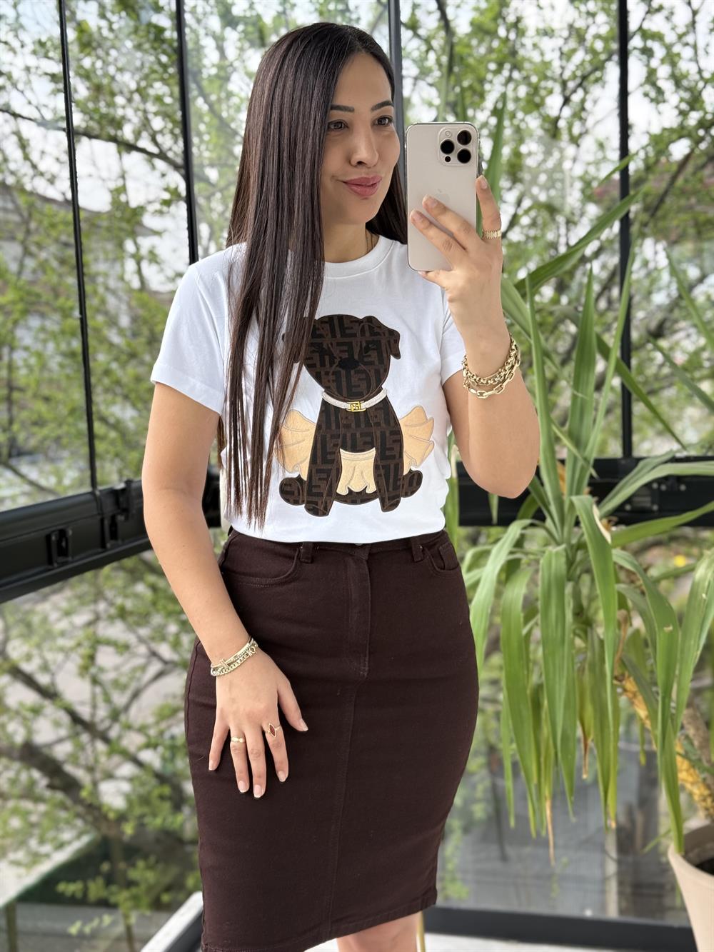 Trend Dog işlemeli Tişört Beyaz