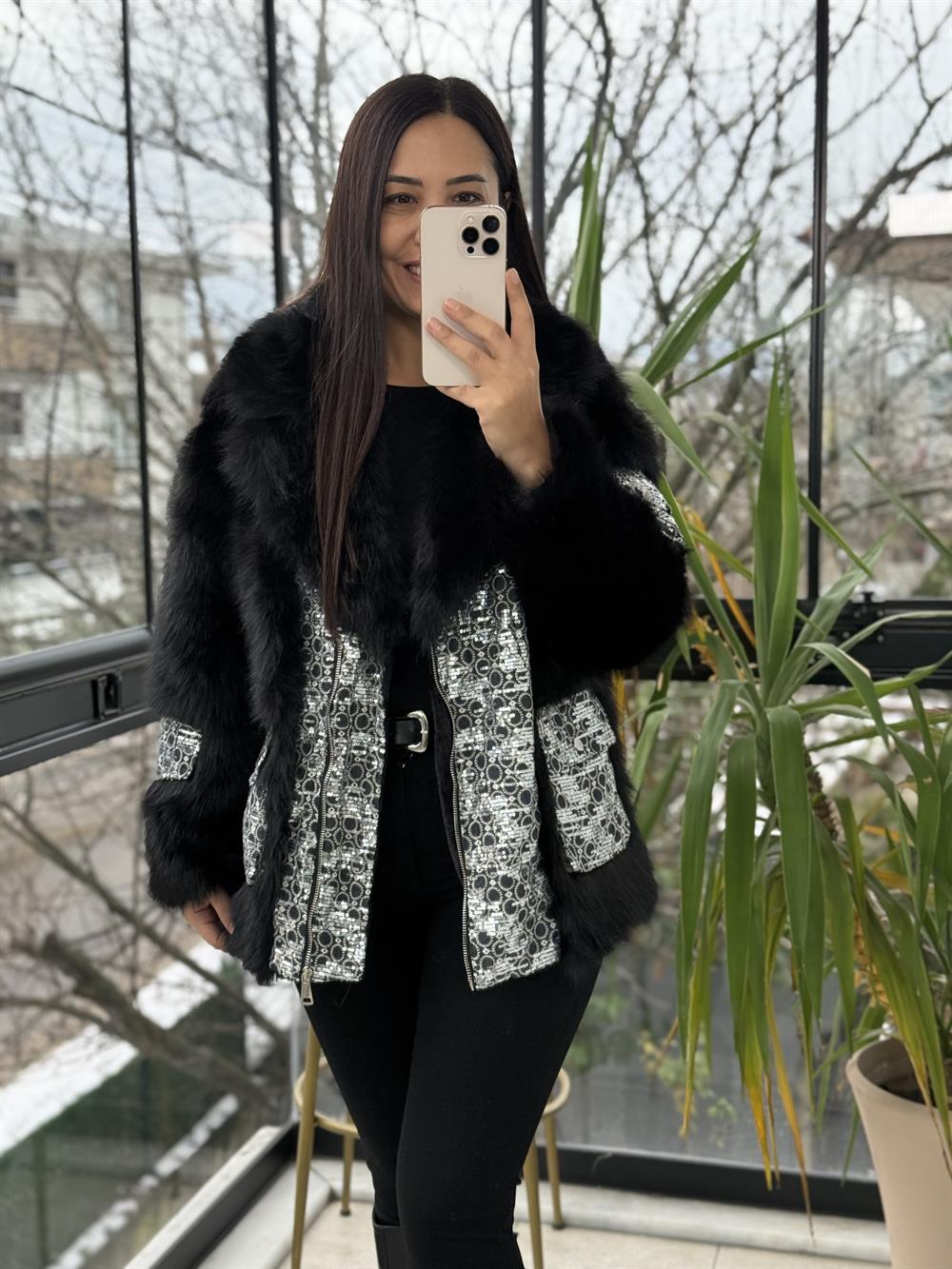 İthal Kruvaze Fermuarlı Payetli Kürk Siyah