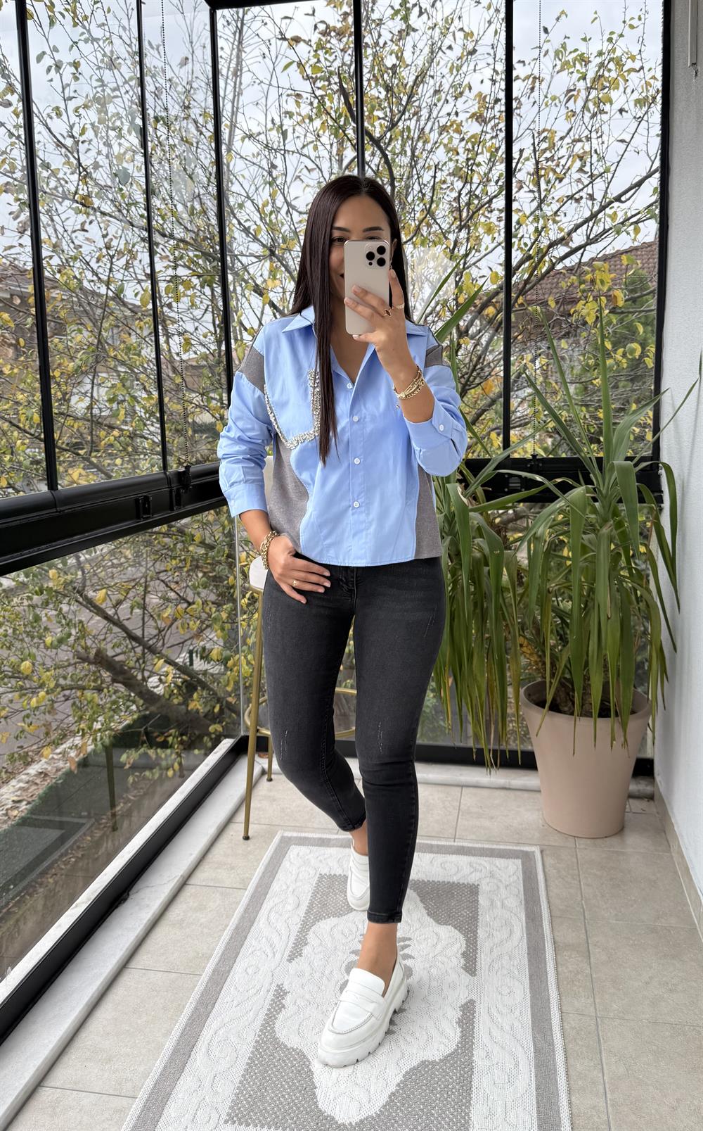 Triko Poplin Taş Detaylı Gömlek Mavi