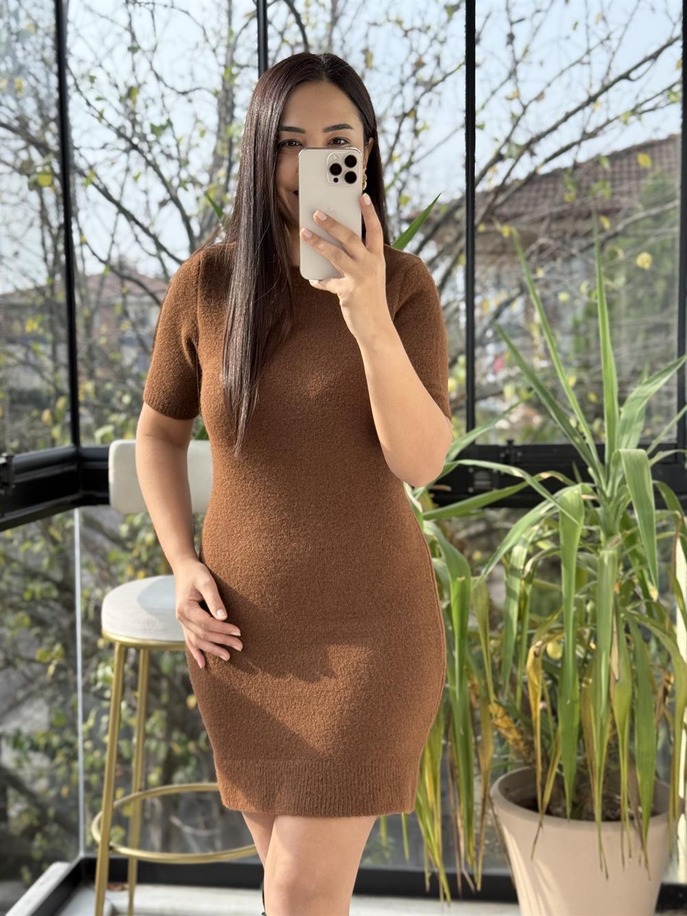 Yumoş Kısa Kol Elbise Kahve