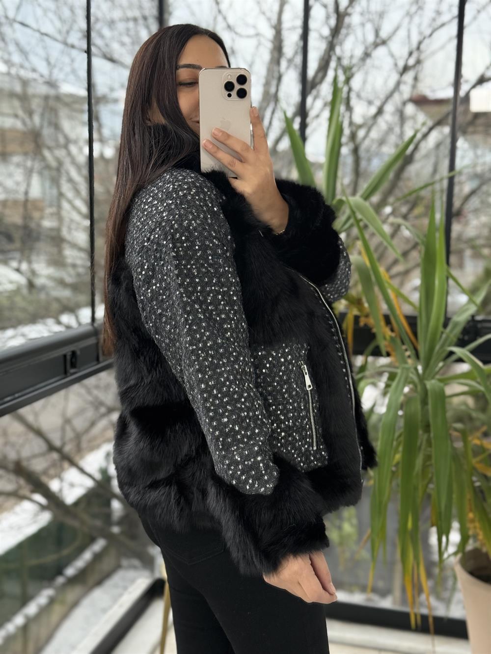 İthal Payetli Mont Siyah