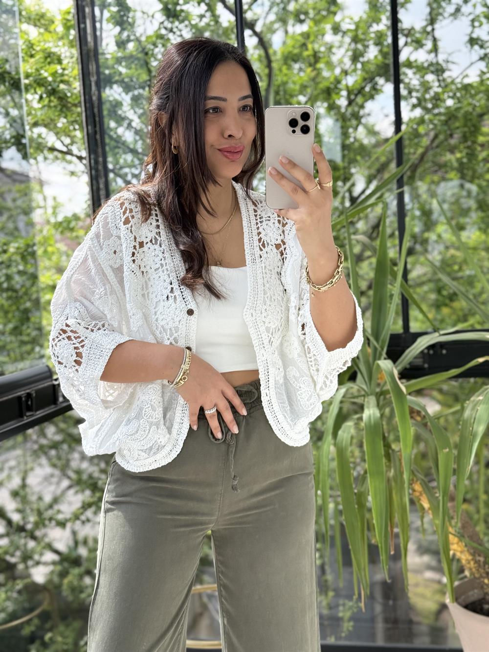 Payetli Örme Kısa Kol Hırka Beyaz