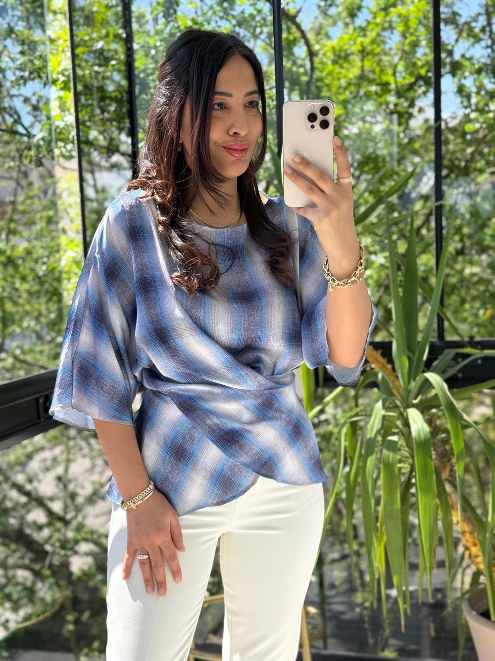 Bağcıklı Ekose Saten Bluz Mavi