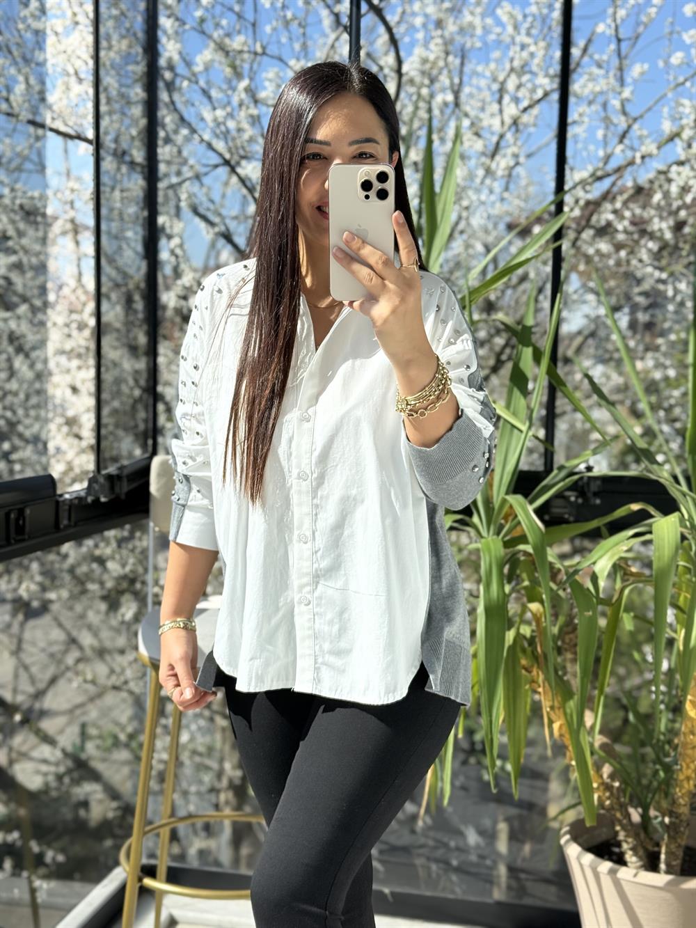 Triko Poplin Mix Çakımlı Gömlek Beyaz