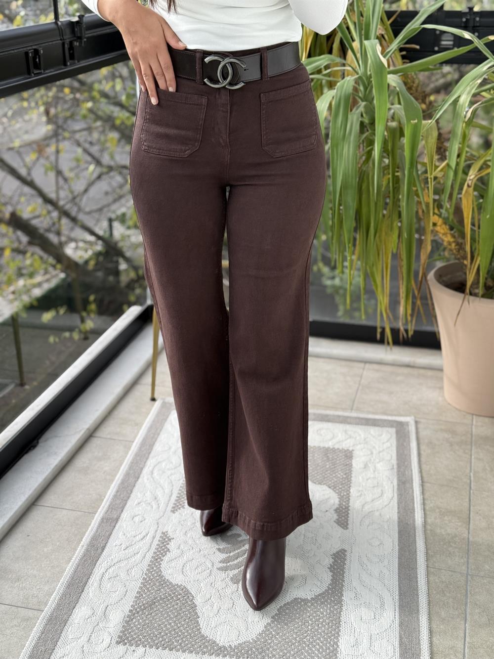 Ön Cep Detaylı Palazzo Jean Kahve