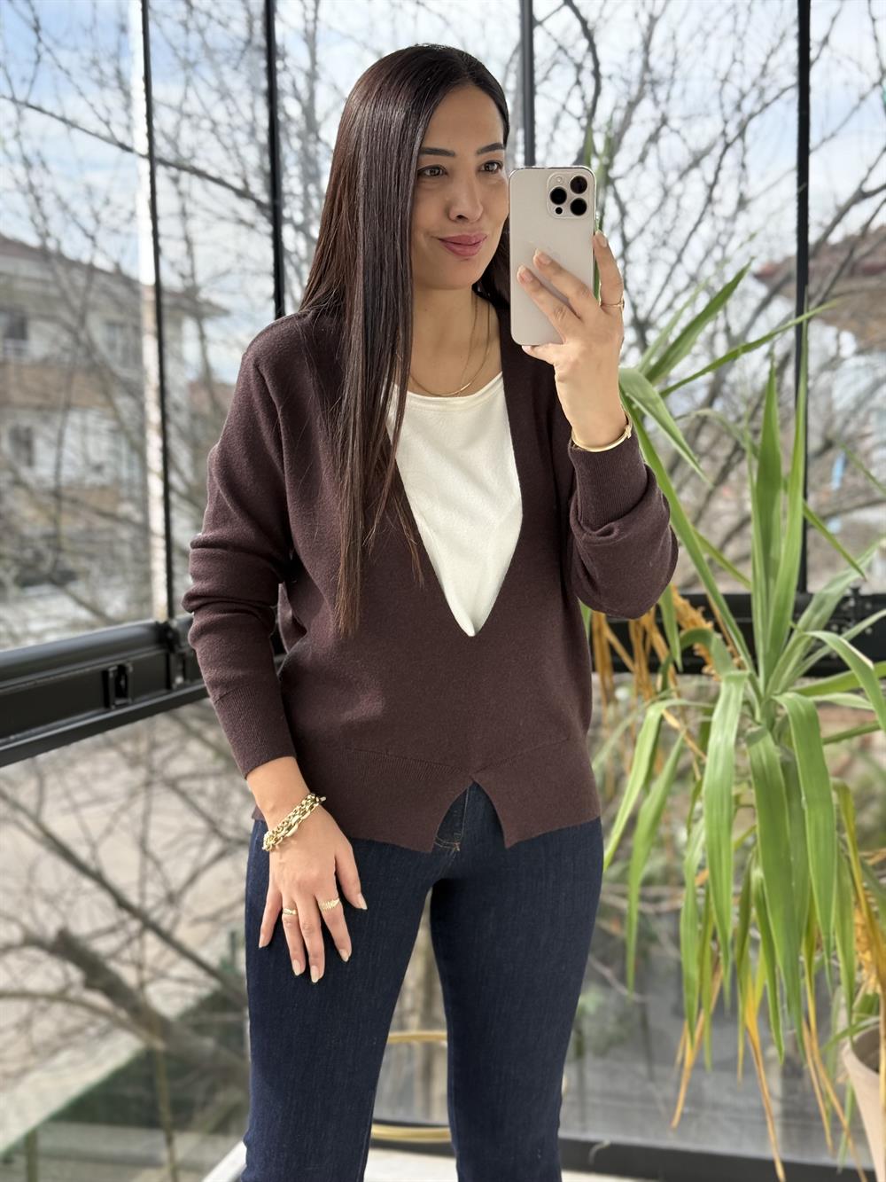 Çift Parça Görünümlü Triko Kahve