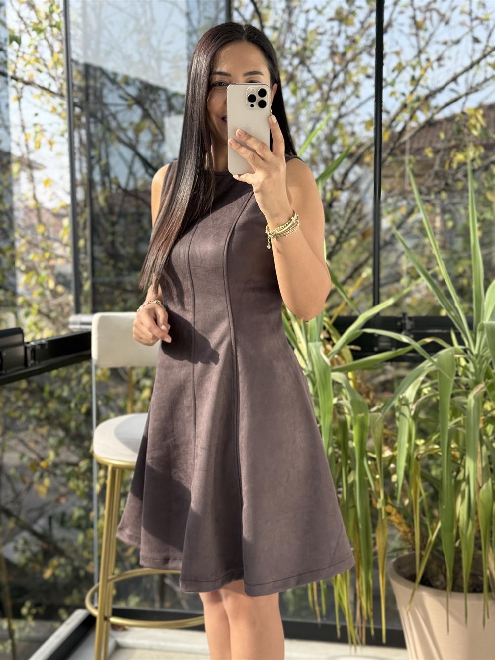 Volanlı Süet Elbise Kahve