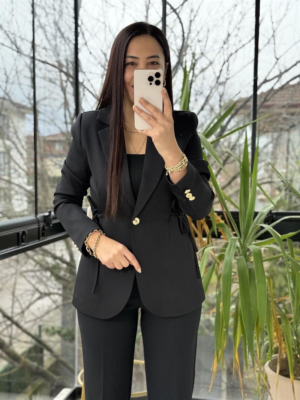 Yanı Bağcıklı Slim Blazer Ceket Siyah