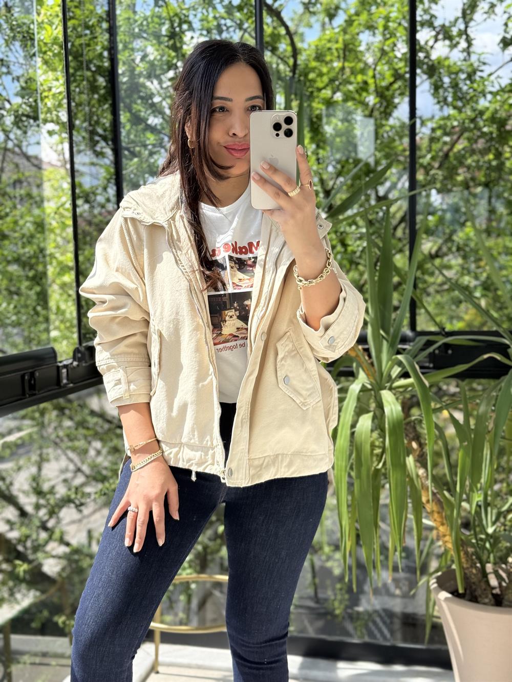 Oversize Kapuşonlu Ceket Taş