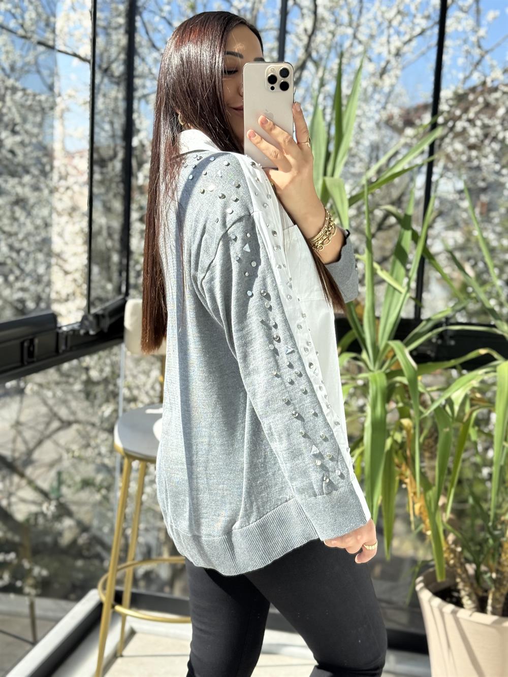 Triko Poplin Mix Çakımlı Gömlek Beyaz