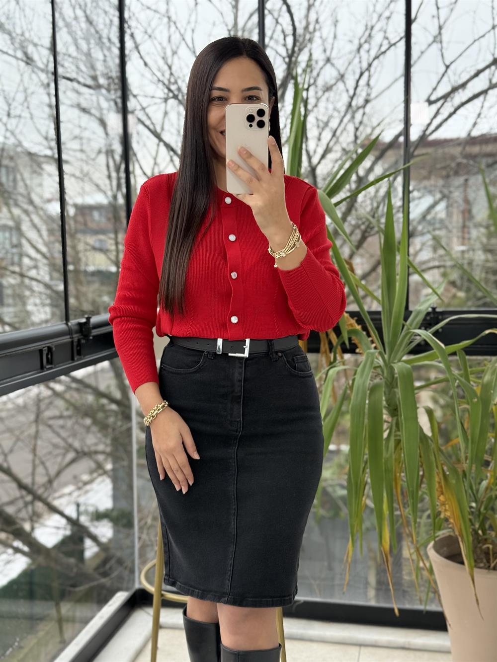 Triko Detaylı Bluz Kırmızı