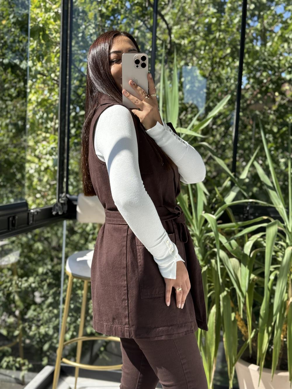 Kuşaklı Kruvaze Yaka Yelek Kahve