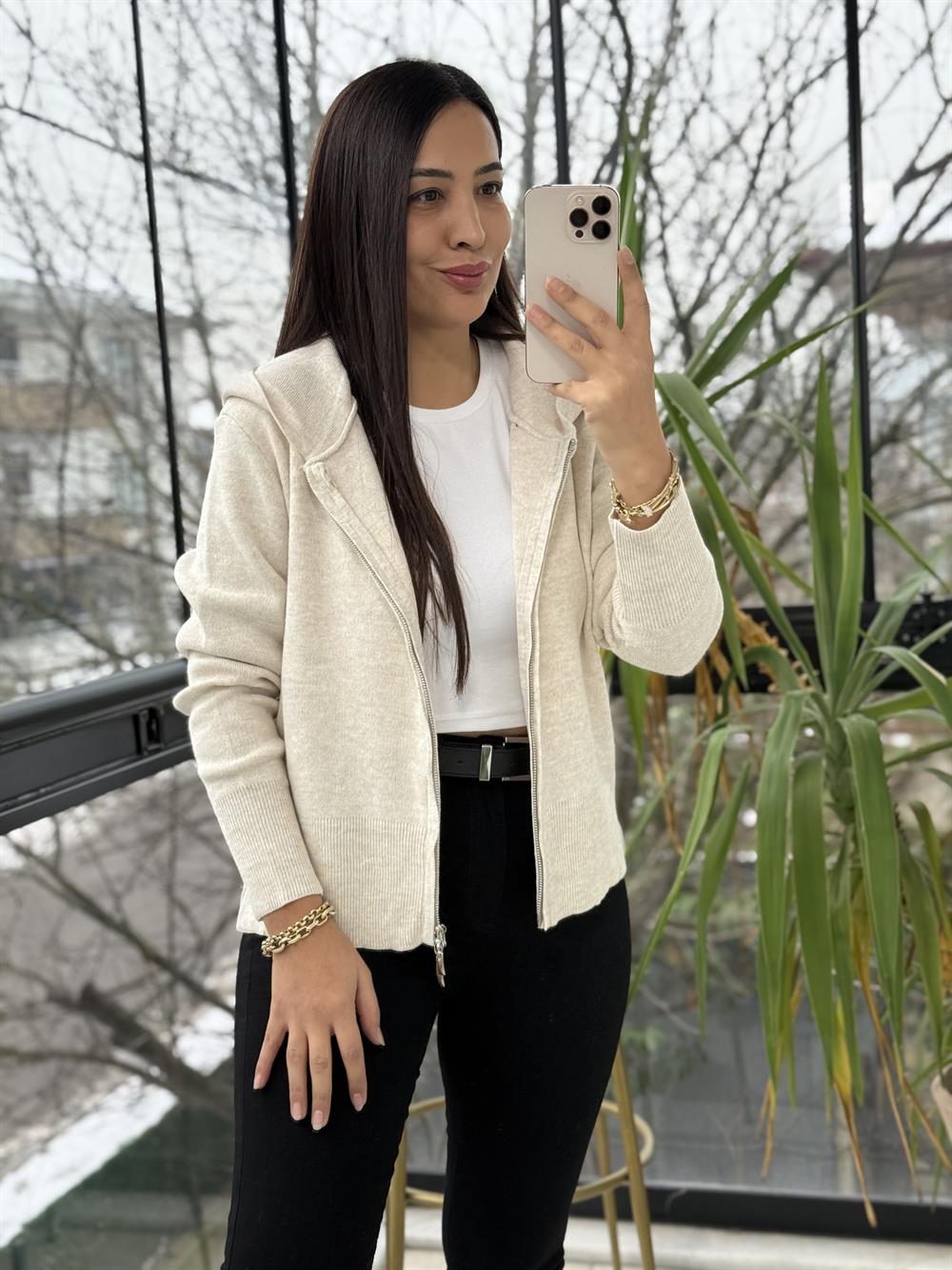 Çift Fermuarlı Kapüşonlu Yumoş Basic Hırka Krem