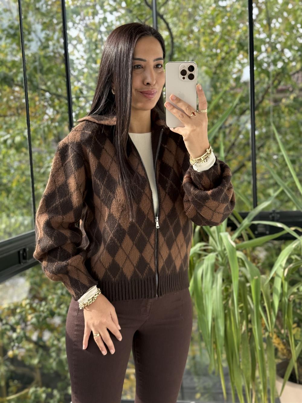 Yakalı Fermuarlı Baklava Hırka Kahve