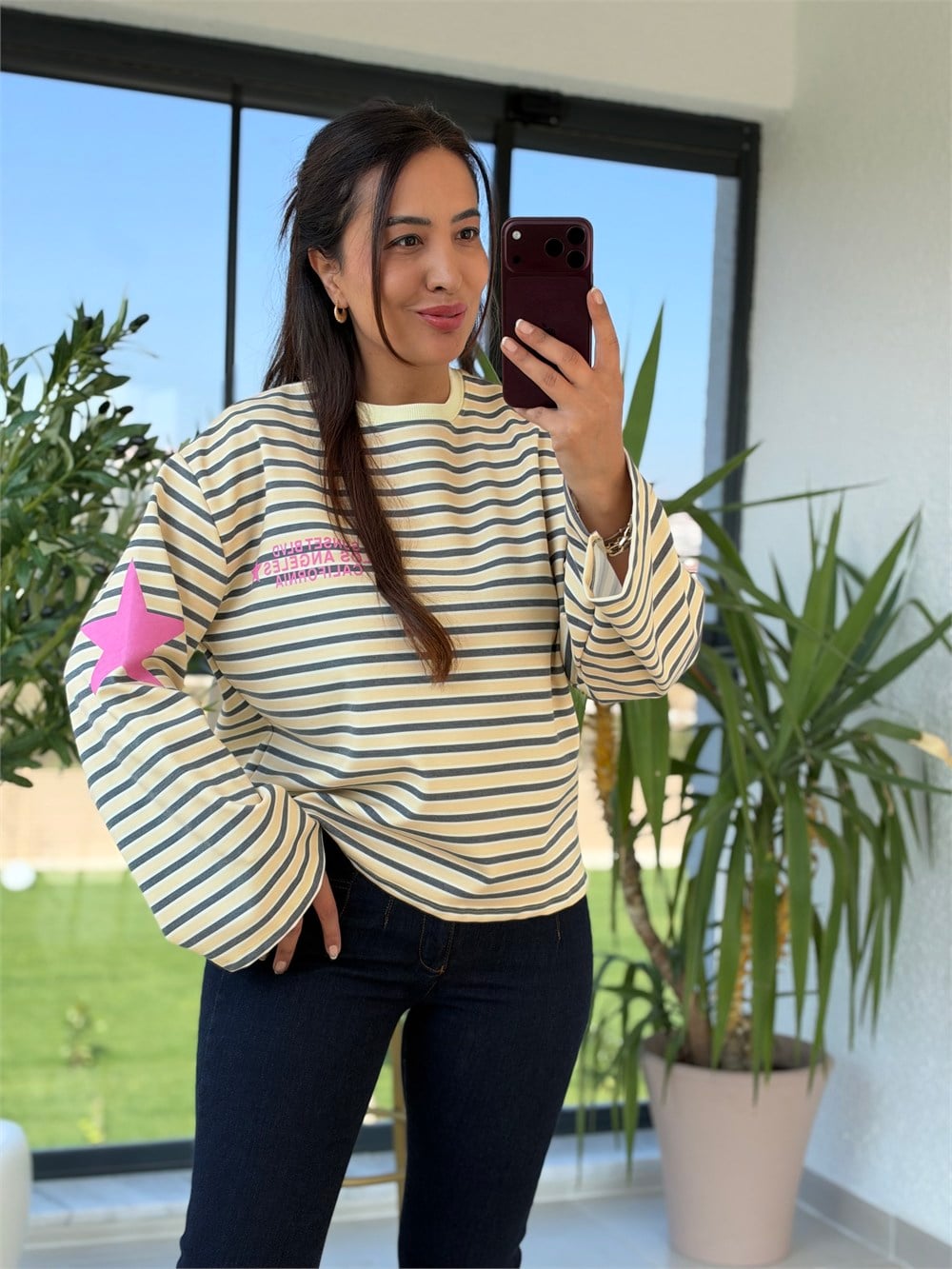 Sunset Çizgili Sweatshirt Sarı