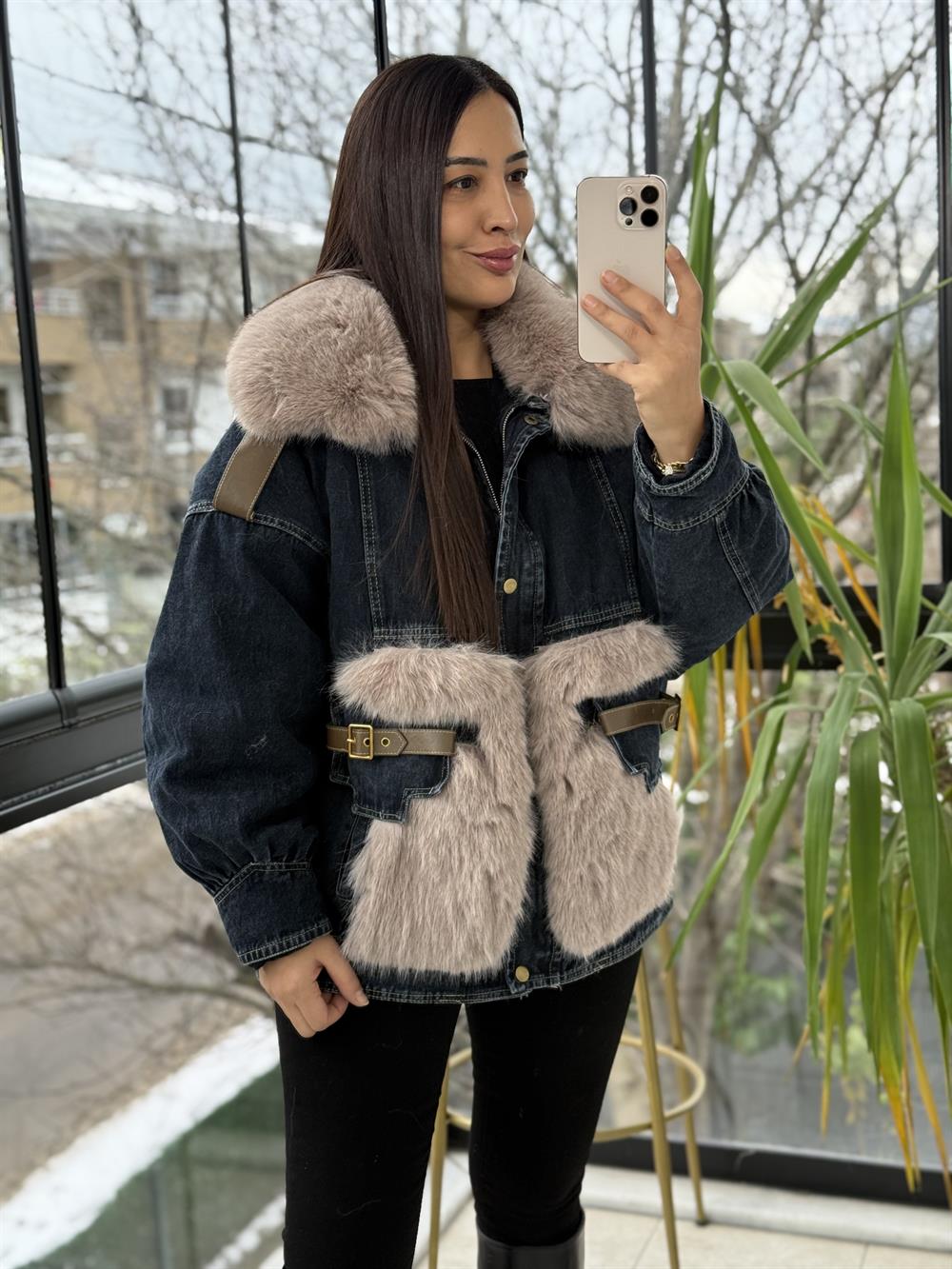 İthal Cebi Ve Yakası Kürk Kot Mont Lacivert