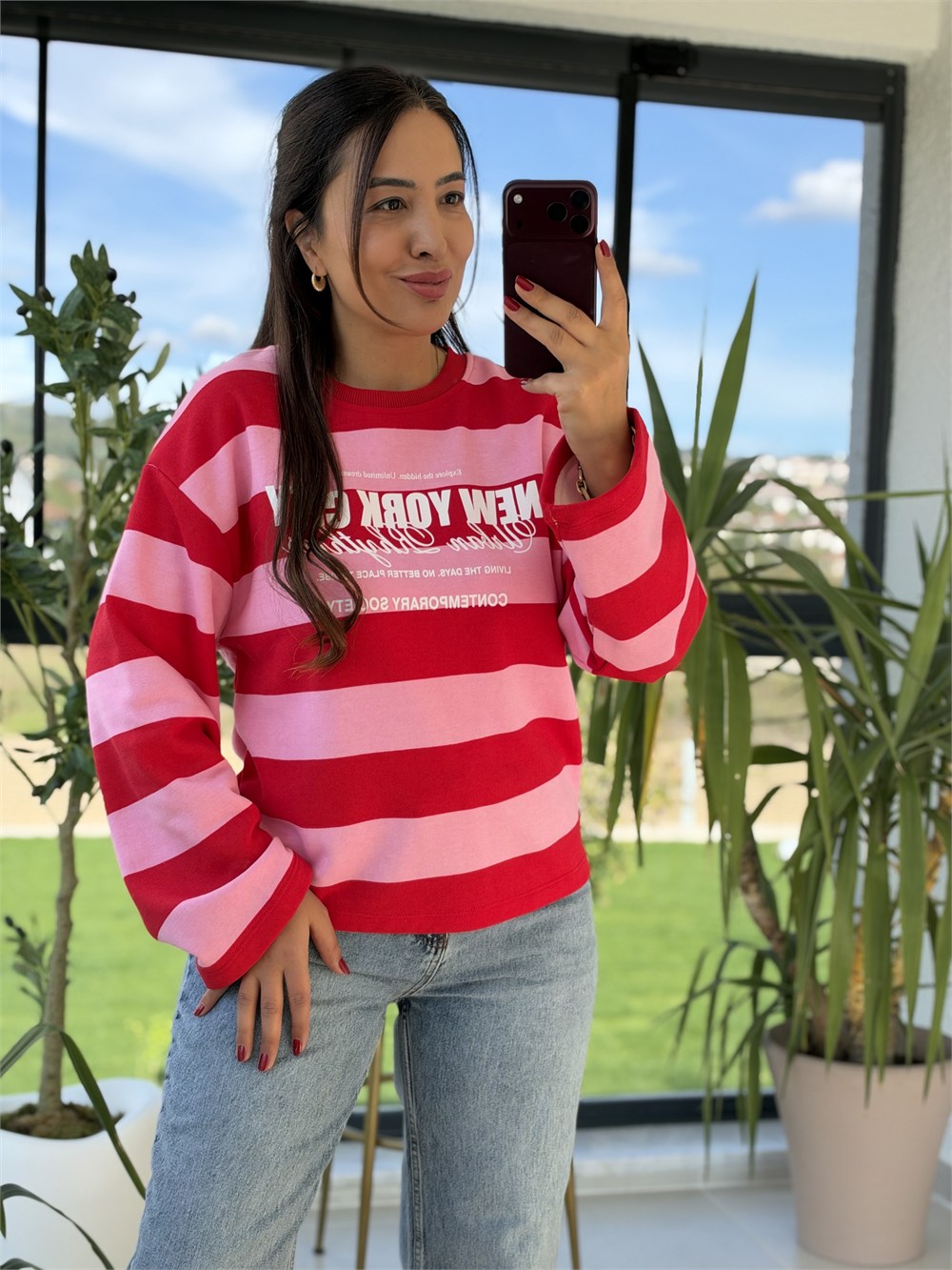 Kalın Çizgili New York Ctiy Sweatshirt Kırmızı
