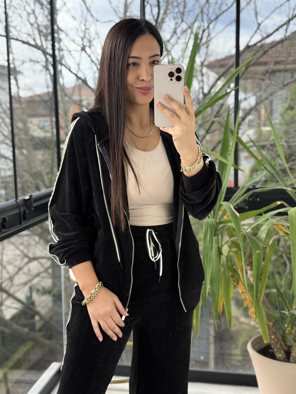 Dokuma Şeritli Şönil Takım Siyah