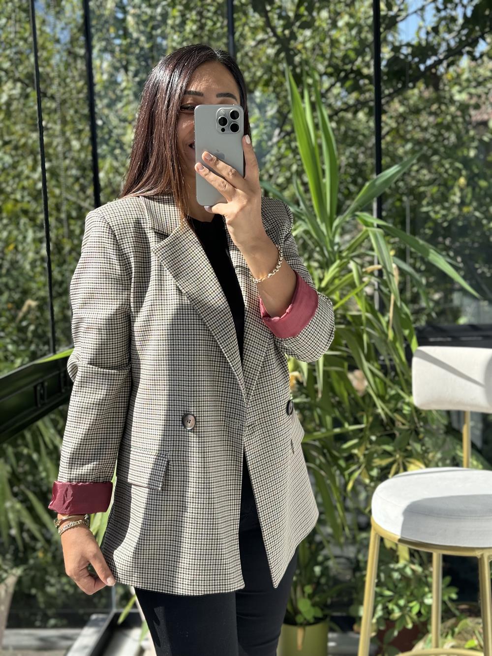 Ekose İki Düğme Ceket Bordo