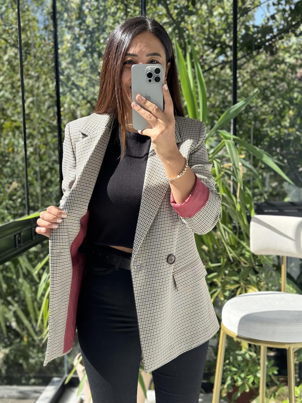 Ekose İki Düğme Ceket Bordo