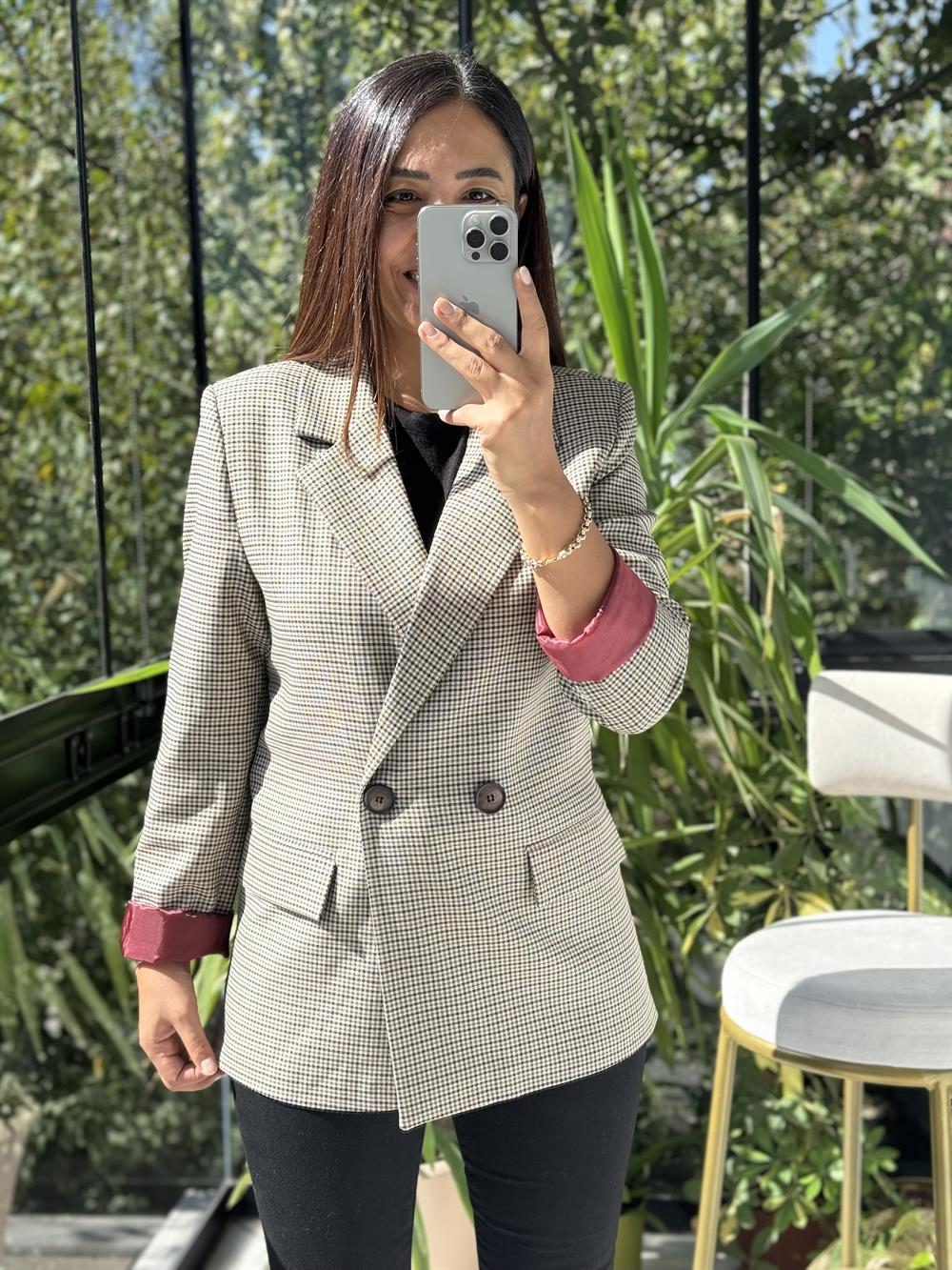 Ekose İki Düğme Ceket Bordo