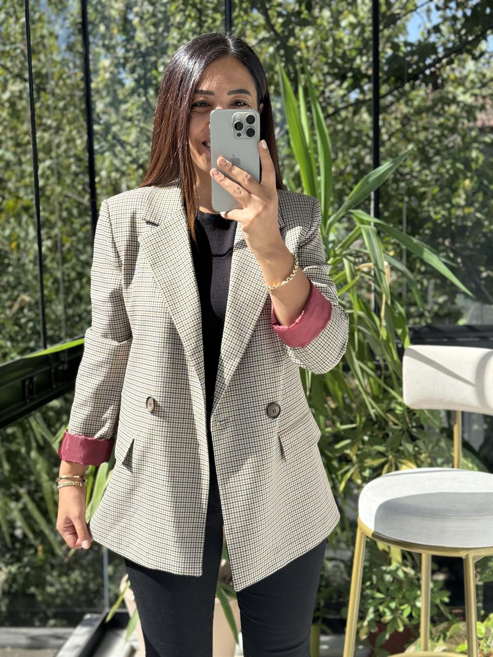 Ekose İki Düğme Ceket Bordo