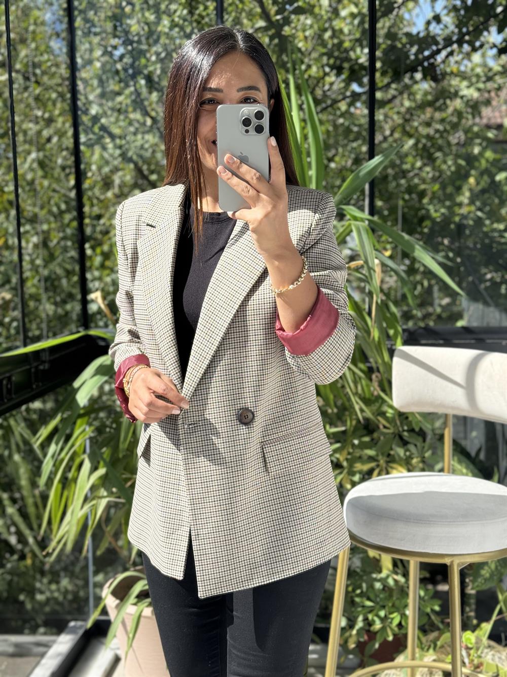 Ekose İki Düğme Ceket Bordo