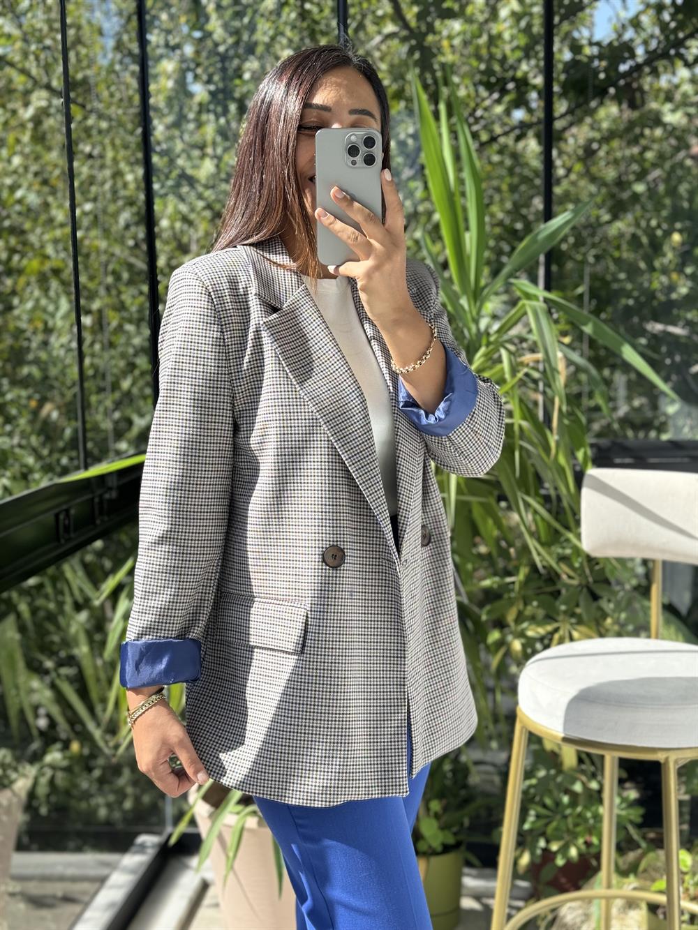 Ekose İki Düğme Ceket Sax Mavi