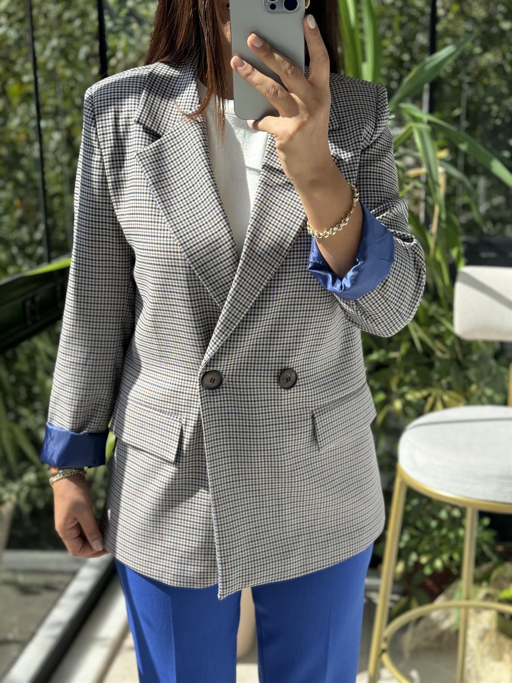 Ekose İki Düğme Ceket Sax Mavi