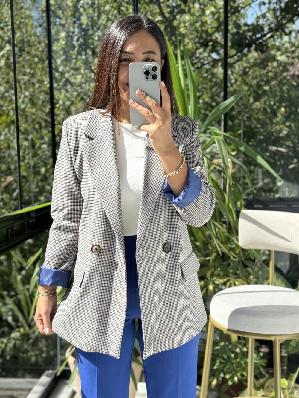 Ekose İki Düğme Ceket Sax Mavi