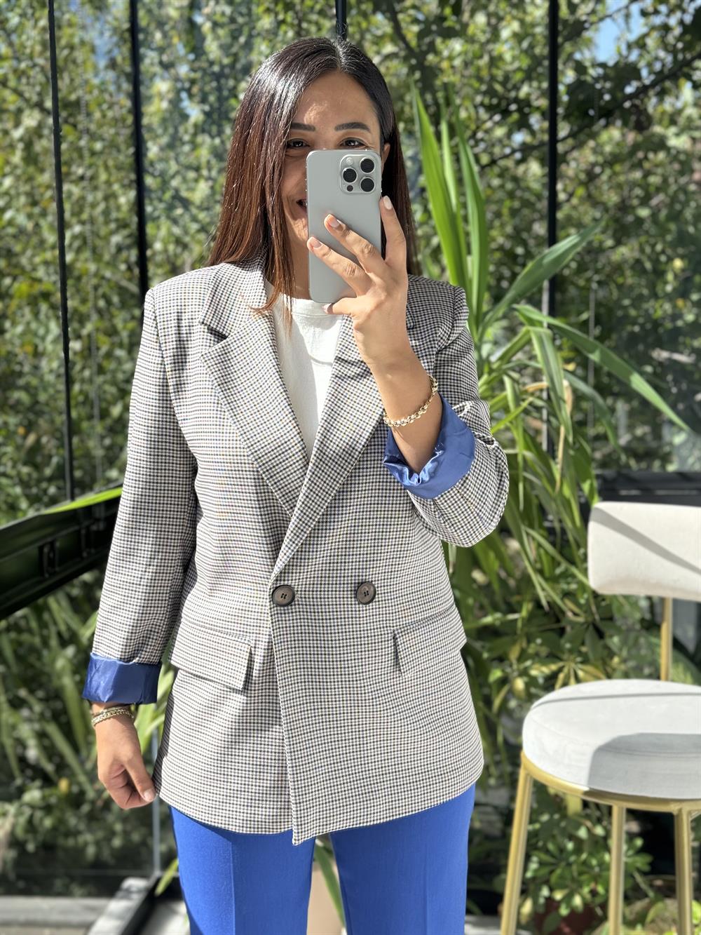 Ekose İki Düğme Ceket Sax Mavi