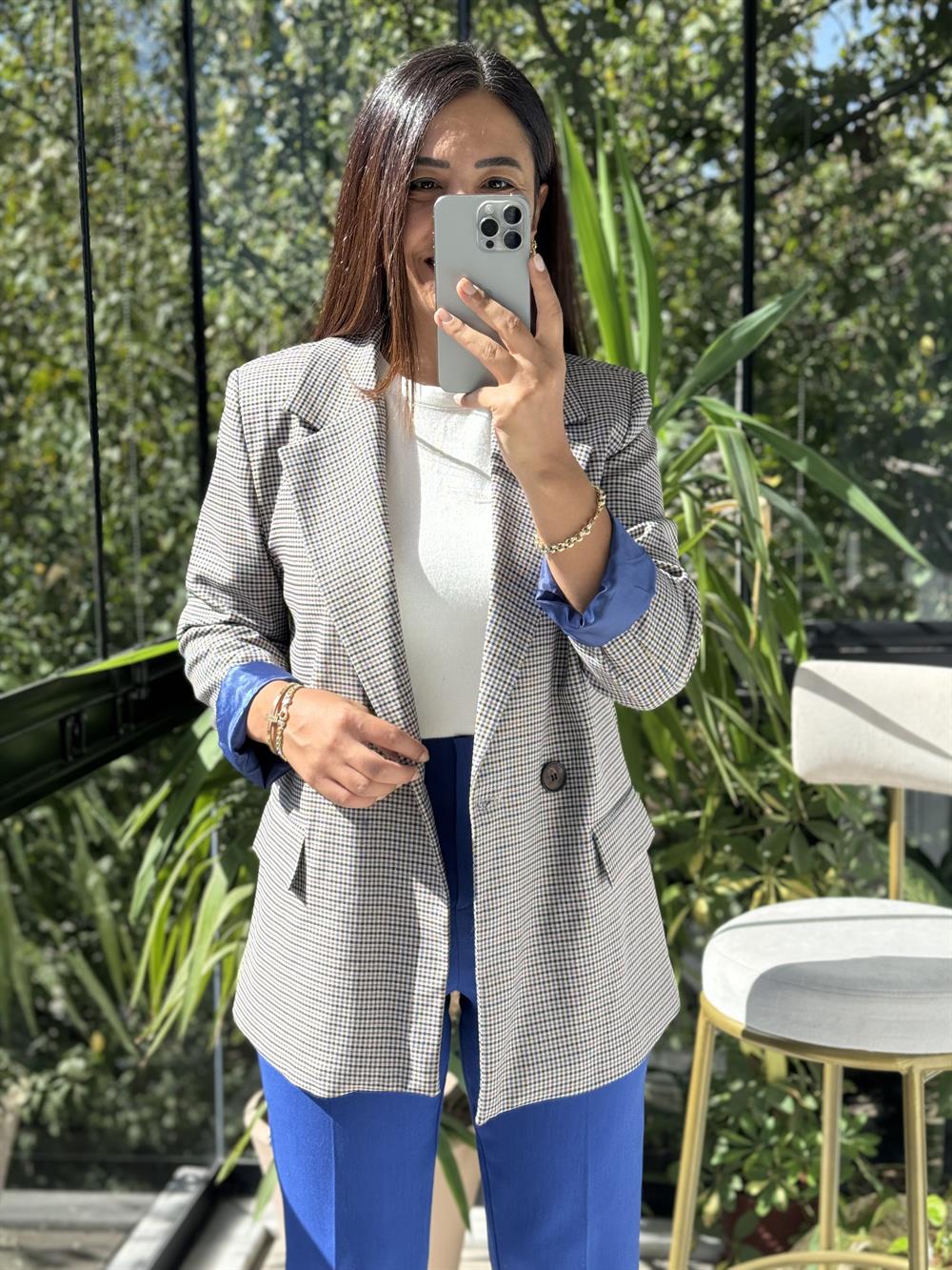 Ekose İki Düğme Ceket Sax Mavi