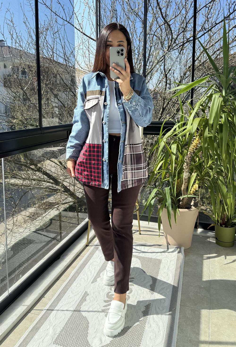 Ekose Mix Denim Ceket Mavi