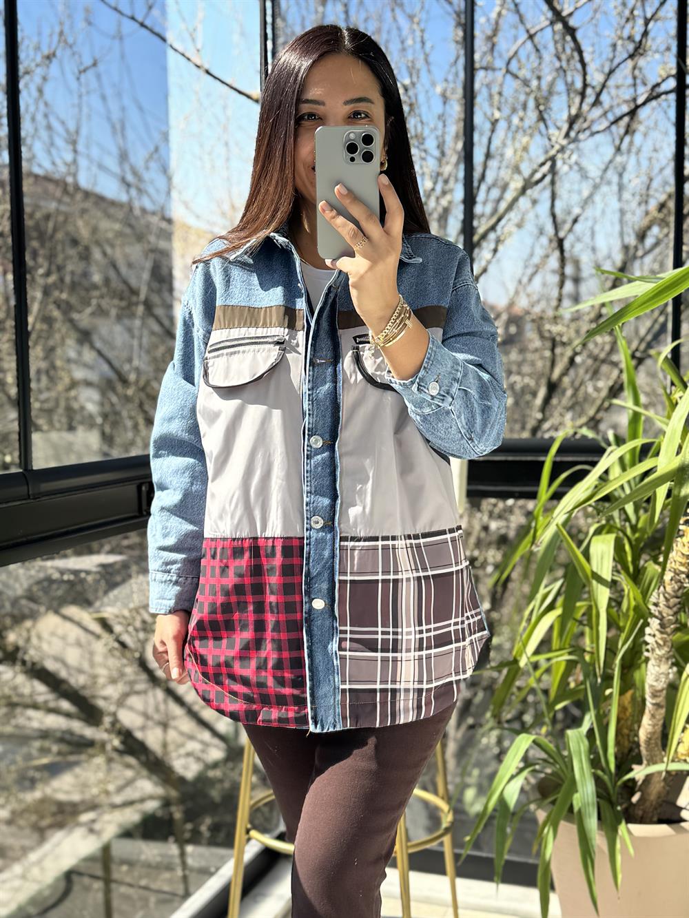 Ekose Mix Denim Ceket Mavi