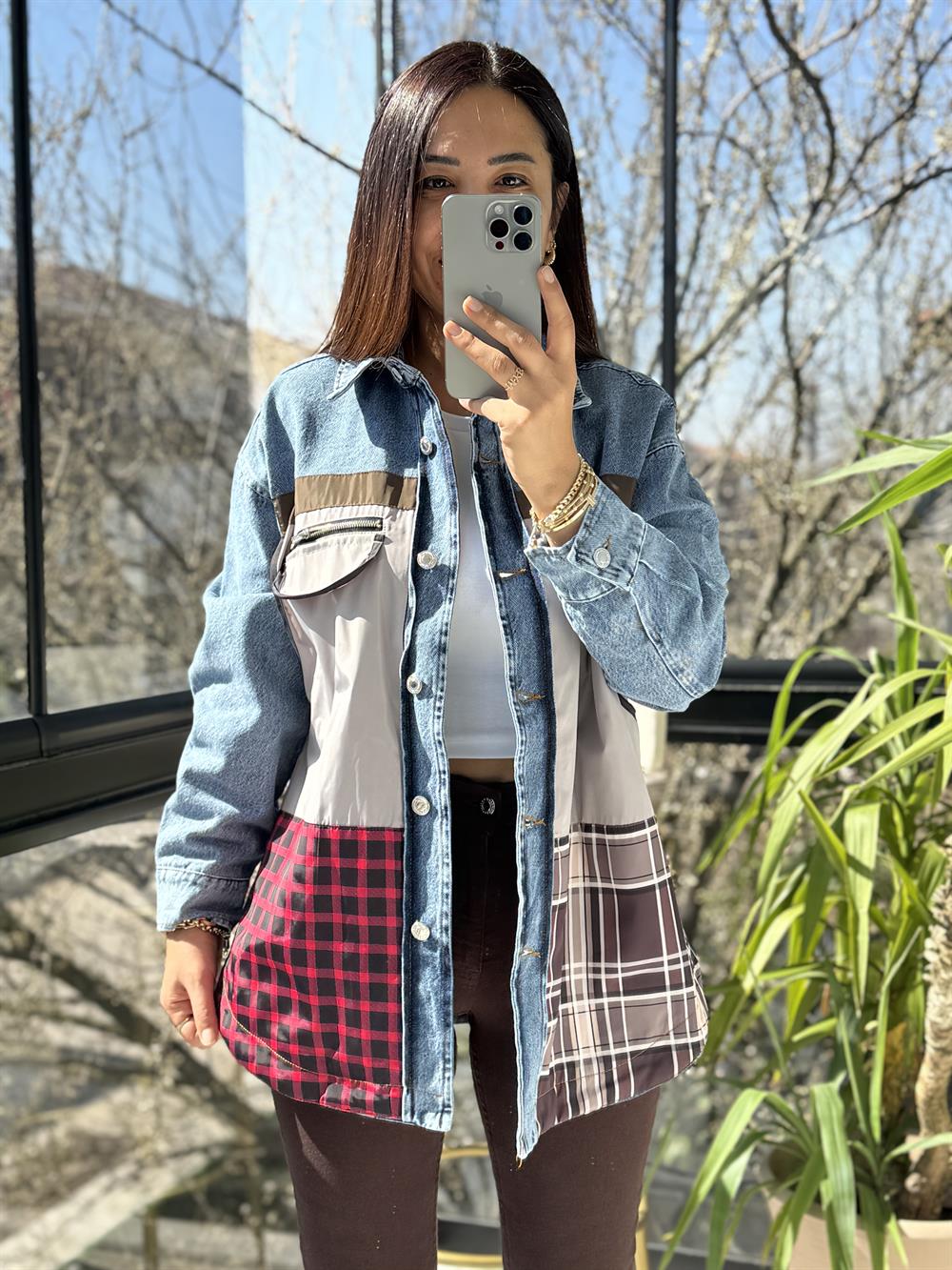 Ekose Mix Denim Ceket Mavi