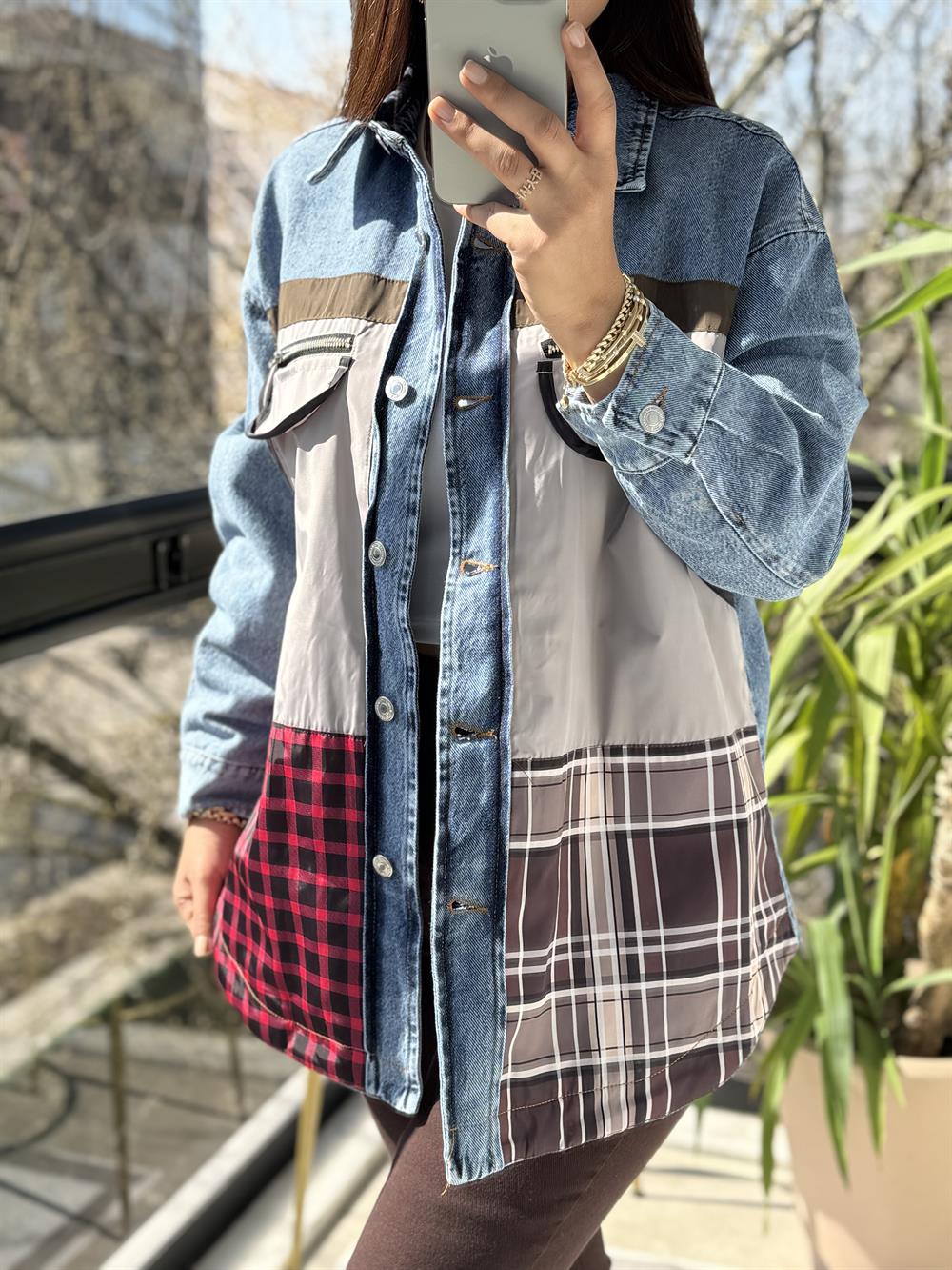 Ekose Mix Denim Ceket Mavi