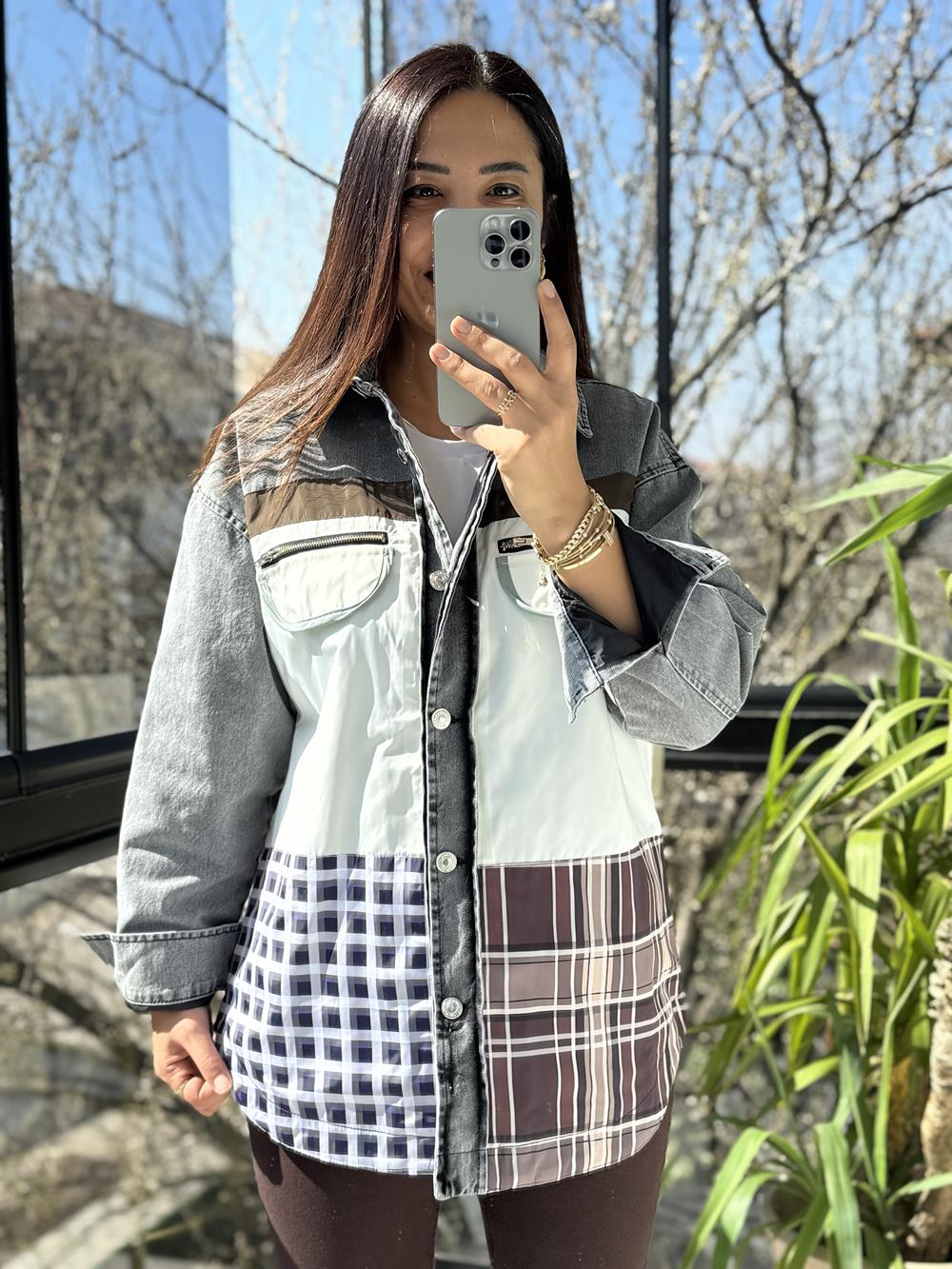 Ekose Mix Denim Ceket Siyah